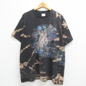 XL/古着 半袖 ビンテージ Tシャツ メンズ 90s 魚 満月 川 大きいサイズ コットン クルーネック 黒他 ブラック ブリーチ加工 spe 23jul1