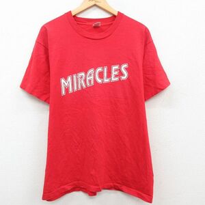 XL/古着 半袖 ビンテージ Tシャツ メンズ 80s MIRACLES コットン クルーネック 赤 レッド 23mar15 中古