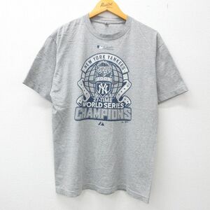 L/古着 マジェスティック 半袖 ブランド Tシャツ メンズ 00s MLB ニューヨークヤンキース ワールドシリーズ クルーネック グレー 霜降