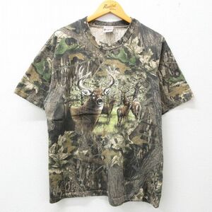 L/古着 半袖 ビンテージ Tシャツ メンズ 90s シカ 木 葉 モッシーオーク コットン クルーネック 茶系 ブラウン 迷彩 23mar06 中古