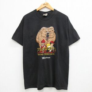 L/古着 ヘインズ 半袖 ビンテージ Tシャツ メンズ 00s GRIZZLY クマ モンタナ コットン クルーネック 黒 ブラック 23mar25 中古