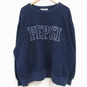 XL/古着 長袖 トップス メンズ 00s PEPSI 刺繍 表起毛 大きいサイズ クルーネック 濃紺 ネイビー 23nov17 中古 スエット トレーナー