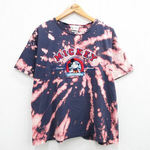 XL/古着 半袖 ビンテージ Tシャツ メンズ 00s ディズニー ミッキー 刺繍 大きいサイズ コットン クルーネック 紺他 ネイビー ブリーチ