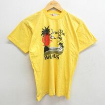 M/古着 半袖 ビンテージ Tシャツ メンズ 90s バハマ ヤシの木 鳥 コットン クルーネック 黄 イエロー 23apr28 中古_画像1