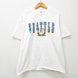 XL/古着 半袖 ビンテージ Tシャツ メンズ 90s シアトル 旗 大きいサイズ コットン クルーネック 白 ホワイト 23may10 中古