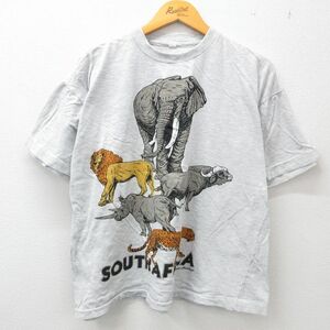 XL/古着 半袖 ビンテージ Tシャツ メンズ 90s ゾウ ライオン 大きいサイズ クルーネック 薄グレー 霜降り spe 23may17 中古