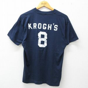 L/古着 半袖 ビンテージ Tシャツ メンズ 80s SHERRI KROGHS フロッキープリント クルーネック 濃紺 ネイビー 23jul01 中古