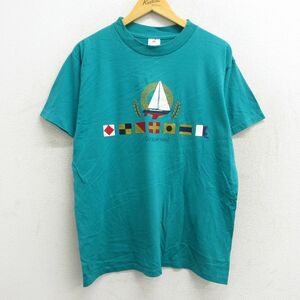 L/古着 半袖 ビンテージ Tシャツ メンズ 90s ヨット オクラコーク クルーネック 青緑 23may19 中古