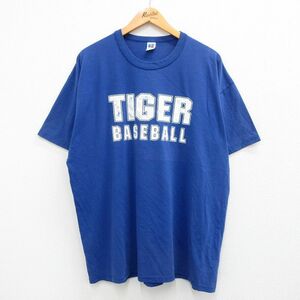 XL/古着 ラッセル 半袖 ビンテージ Tシャツ メンズ 90s タイガー 野球 大きいサイズ クルーネック 青 ブルー 23jul01 中古