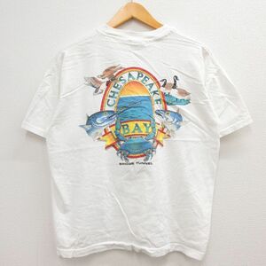 XL/古着 半袖 ビンテージ Tシャツ メンズ 90s CHESAPEAKE BAY カニ 魚 胸ポケット付き コットン クルーネック 白 ホワイト 23may10 中