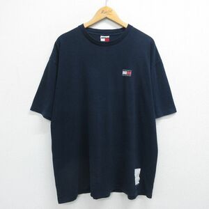 XL/古着 トミーヒルフィガー 半袖 ブランド ビンテージ Tシャツ メンズ 90s ワンポイントロゴ 大きいサイズ コットン クルーネック 紺