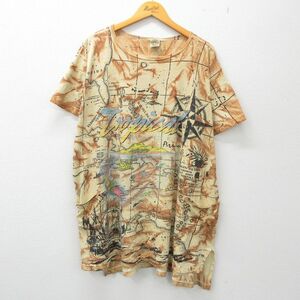 XL/古着 半袖 ビンテージ Tシャツ メンズ 90s トロピカル 地図 全面プリント ポケット付き 大きいサイズ コットン クルーネック ベージ