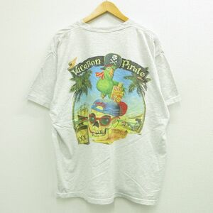 XL/古着 半袖 ビンテージ Tシャツ メンズ 90s スカル 船 オウム 大きいサイズ コットン クルーネック 薄グレー 霜降り 23jul07 中古