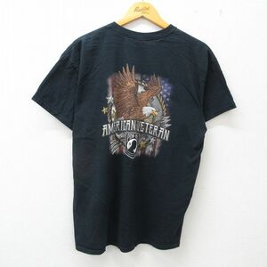 L/古着 半袖 ビンテージ Tシャツ メンズ 00s POWMIA ワシ 星条旗 コットン クルーネック 黒 ブラック 23jul08 中古