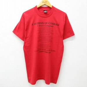 L/古着 半袖 ビンテージ Tシャツ メンズ 90s WOMAN メッセージ クルーネック 赤 レッド 23jul07 中古