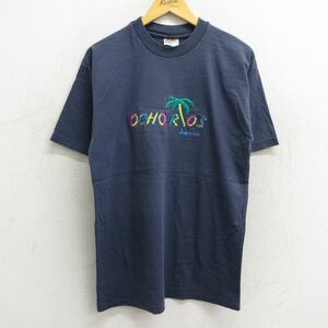 M/古着 半袖 ビンテージ Tシャツ メンズ 90s オーチョリオス ヤシの木 刺繍 コットン クルーネック 紺 ネイビー 23aug07 中古