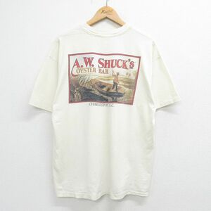 XL/古着 ヘインズ 半袖 ビンテージ Tシャツ メンズ 90s AW SHUCKS 川 船 コットン クルーネック 生成り 23aug07 中古