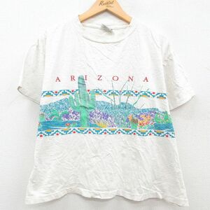 XL/古着 半袖 ビンテージ Tシャツ メンズ 90s アリゾナ サボテン コットン クルーネック 白 ホワイト 霜降り 23aug09 中古