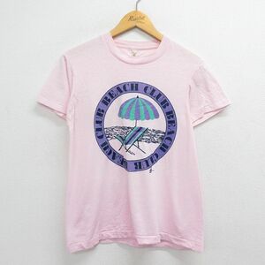 M/古着 半袖 ビンテージ Tシャツ メンズ 80s ビーチ パラソル クルーネック 薄ピンク 23mar07 中古