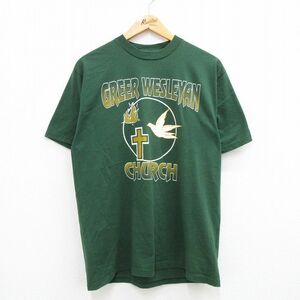 L/古着 ジャージーズ 半袖 ビンテージ Tシャツ メンズ 90s 教会 十字架 クルーネック 緑 グリーン 23aug18 中古