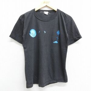 M/古着 半袖 ビンテージ Tシャツ メンズ 80s ヤシの木 鳥 コットン クルーネック 黒 ブラック 23sep09 中古