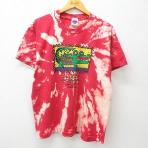 L/古着 半袖 ビンテージ Tシャツ メンズ 90s ワニ ヒルトンヘッドアイランド コットン クルーネック 赤他 レッド ブリーチ加工 23aug08