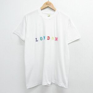 L/古着 半袖 ビンテージ Tシャツ メンズ 80s　ロンドン 刺繍 クルーネック 白 ホワイト 23aug09 中古