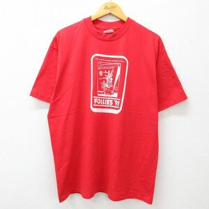 XL/古着 ヘインズ 半袖 ビンテージ Tシャツ メンズ 90s フォリーズ クルーネック 赤 レッド 23aug31 中古