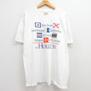 XL/古着 ヘインズ 半袖 ビンテージ Tシャツ メンズ 90s サンファン HORIZON 国旗 コットン クルーネック 白 ホワイト 23aug22 中古