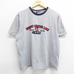 L/古着 半袖 ビンテージ Tシャツ メンズ 90s ディズニー ミッキー 刺繍 コットン クルーネック グレー 霜降り他 23mar18 中古