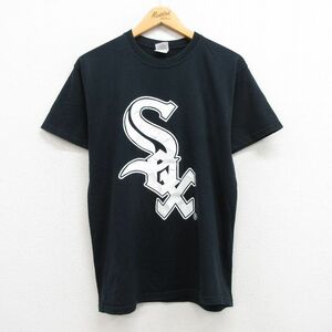 M/古着 半袖 ビンテージ Tシャツ メンズ 00s MLB シカゴホワイトソックス マークバリー 56 コットン クルーネック 黒 ブラック メジャ