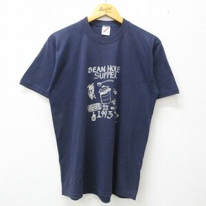 L/古着 半袖 ビンテージ Tシャツ メンズ 90s トウモロコシ BEAN クルーネック 紺 ネイビー 23may12 中古