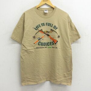 L/古着 半袖 ビンテージ Tシャツ メンズ 00s 釣り竿 銃 コットン クルーネック ベージュ カーキ 23jun21 中古