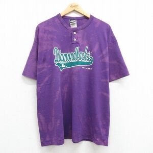XL/古着 半袖 ビンテージ Tシャツ メンズ 90s MLB ダイヤモンドバックス 大きいサイズ ヘンリーネック 紫 パープル ブリーチ加工 メジ
