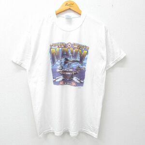 XL/古着 ヘインズ 半袖 ビンテージ Tシャツ メンズ 00s ミリタリー ネイビー NAVY 星条旗 戦闘機 クルーネック 白 ホワイト 23jun24 中