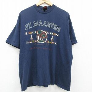 XL/古着 半袖 ビンテージ Tシャツ メンズ 90s MAARTEN ヤシの木 ヨット 大きいサイズ コットン クルーネック 紺 ネイビー 23jun23 中古