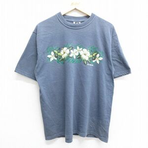 L/古着 半袖 ビンテージ Tシャツ メンズ 00s フィジー諸島 ハイビスカス コットン クルーネック 紺 ネイビー 23jun23 中古