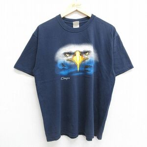 XL/古着 半袖 ビンテージ Tシャツ メンズ 00s オレゴン ワシ コットン クルーネック 紺 ネイビー 23jul11 中古