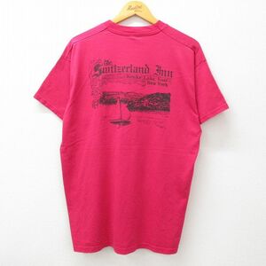 XL/古着 半袖 ビンテージ Tシャツ メンズ 00s ヨット ケウカ湖 ニューヨーク クルーネック 濃ピンク 23jul07 中古
