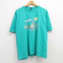 XL/古着 半袖 ビンテージ Tシャツ メンズ 90s ヨット 大きいサイズ コットン クルーネック 青緑 23jul20 中古_画像1