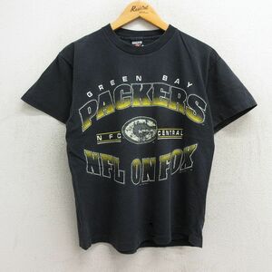 M/古着 半袖 ビンテージ Tシャツ メンズ 90s NFL グリーンベイパッカーズ コットン クルーネック 黒 ブラック アメフト スーパーボウル