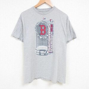 L/古着 マジェスティック 半袖 Tシャツ メンズ MLB ボストンレッドソックス クルーネック グレー 霜降り メジャーリーグ ベースボール