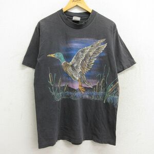 L/古着 半袖 ビンテージ Tシャツ メンズ 90s 鳥 コットン クルーネック 黒 ブラック spe 23mar27 中古