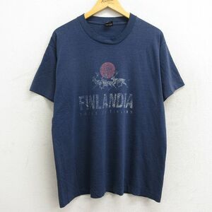 XL/古着 半袖 ビンテージ Tシャツ メンズ 80s シカ フィンランディア クルーネック 紺 ネイビー 23may08 中古