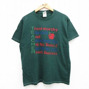 L/古着 フルーツオブザルーム 半袖 ビンテージ Tシャツ メンズ 90s りんご TEACHER コットン クルーネック 濃緑 グリーン 23aug17 中古