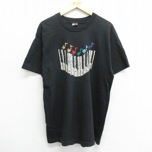 XL/古着 半袖 ビンテージ Tシャツ メンズ 90s 鍵盤 音符 スパンコール コットン クルーネック 黒 ブラック 23may12 中古