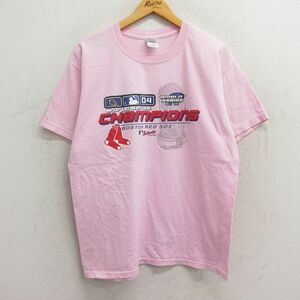 L/古着 半袖 ビンテージ Tシャツ メンズ 00s MLB ボストンレッドソックス コットン クルーネック 薄ピンク メジャーリーグ ベースボー