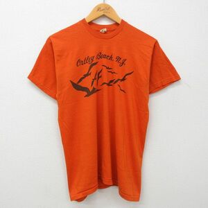 M/古着 半袖 ビンテージ Tシャツ メンズ 80s オートリービーチ 鳥 クルーネック オレンジ 23may24 中古