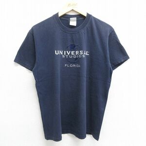 L/古着 半袖 ビンテージ Tシャツ メンズ 00s ユニバーサルスタジオ フロリダ 刺繍 コットン クルーネック 紺 ネイビー 23may17 中古