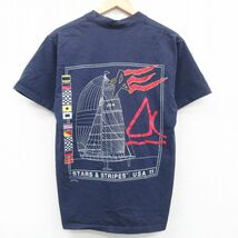 M/古着 半袖 ビンテージ Tシャツ メンズ 90s ヨット USAロゴ 胸ポケット付き コットン クルーネック 紺 ネイビー 23jun13 中古_画像1